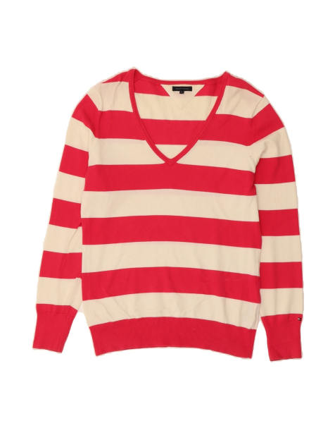 Vintage Tommy Hilfiger V-neck Jumper UK 18 XL In Pink Striped - view 1