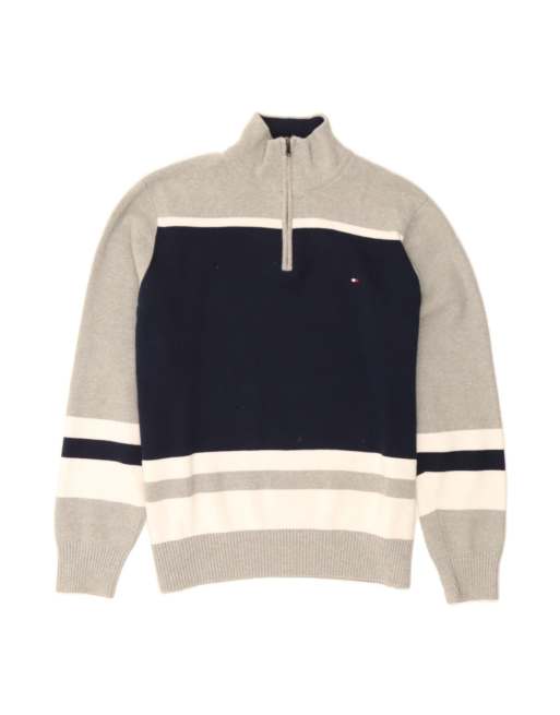 Vintage Tommy Hilfiger Zip Neck Jumper Sweater Large In Grey Colourblock