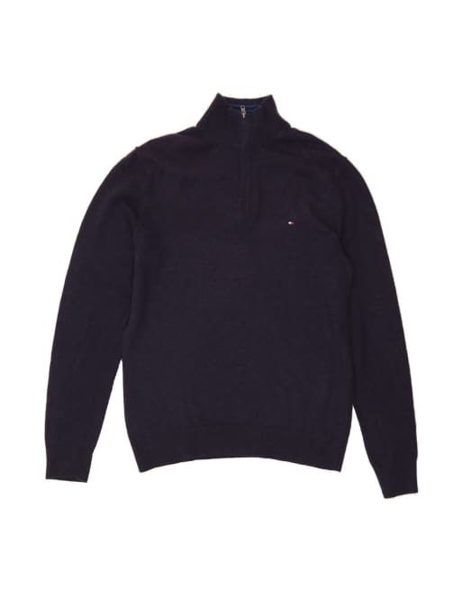 Vintage Tommy Hilfiger Zip Neck Jumper XL In Blue Lambswool