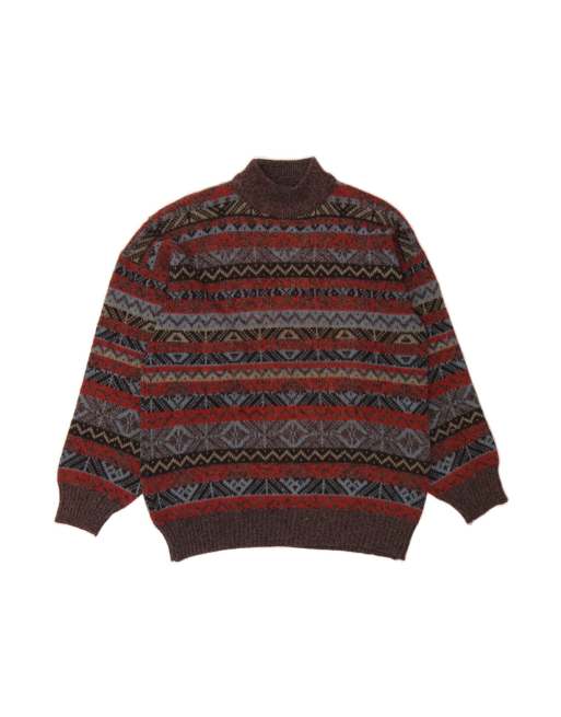 Vintage Turtle Neck Jumper Sweater Large In Brown Fair Isle