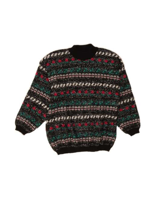 Vintage Turtle Neck Jumper Sweater UK 14 Large In Black Fair Isle