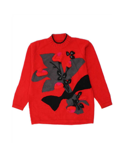 Vintage Turtle Neck Jumper Sweater UK 14 Large In Red Colourblock