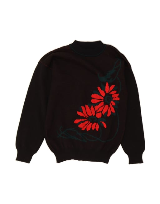 Vintage Turtle Neck Jumper Sweater UK 14 Medium In Black Floral