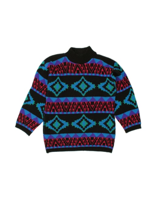 Vintage Turtle Neck Jumper Sweater UK 14 Medium In Blue Fair Isle