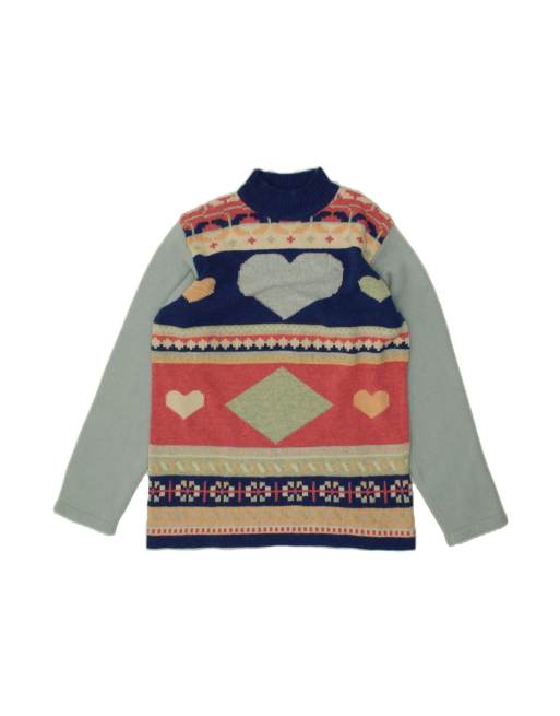 Vintage Turtle Neck Jumper Sweater UK 14 Medium In Blue Geometric