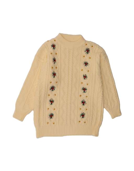 Vintage Turtle Neck Jumper Sweater UK 14 Medium In Off In White Floral