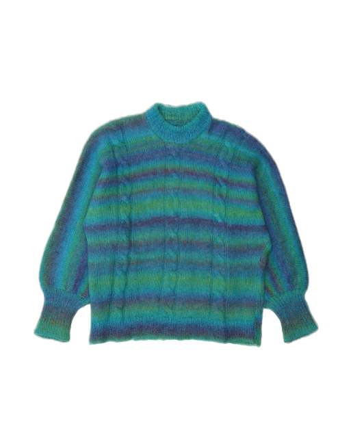 Vintage Turtle Neck Jumper Sweater UK 14 Medium In Turquoise Striped