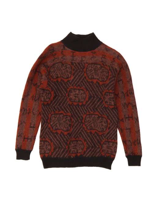 Vintage Turtle Neck Jumper Sweater UK 16 Large In Brown Geometric Wool