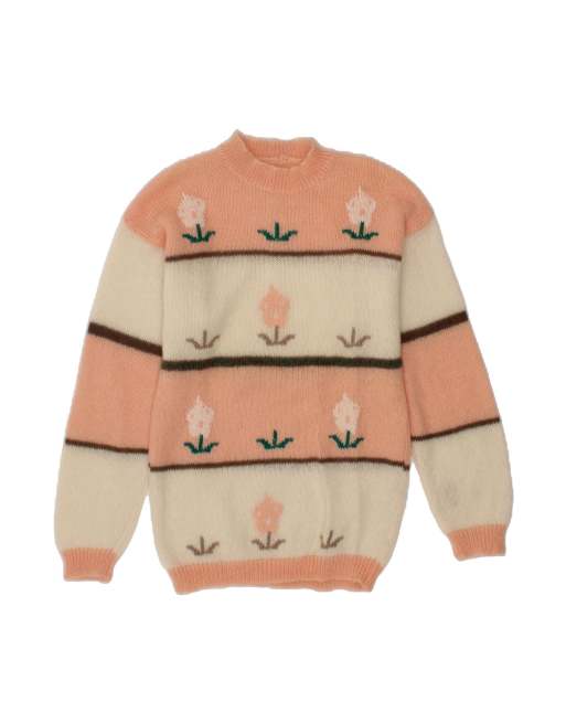 Vintage Turtle Neck Jumper Sweater UK 16 Large In Pink Colourblock
