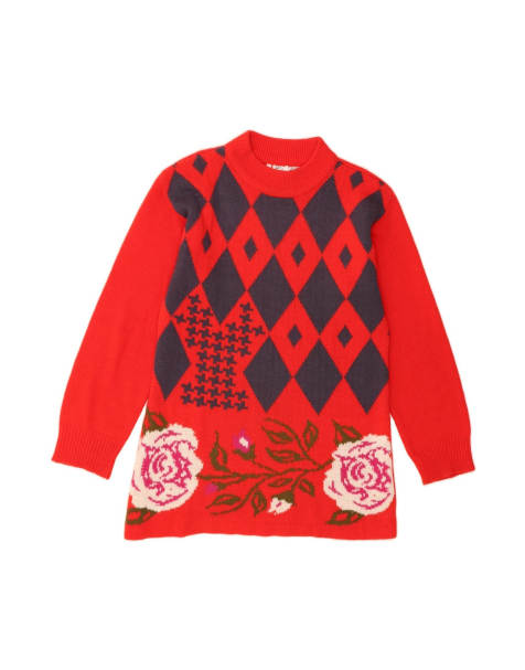 Vintage Turtle Neck Jumper Sweater UK 16 Large In Red Argyle/diamond - view 1