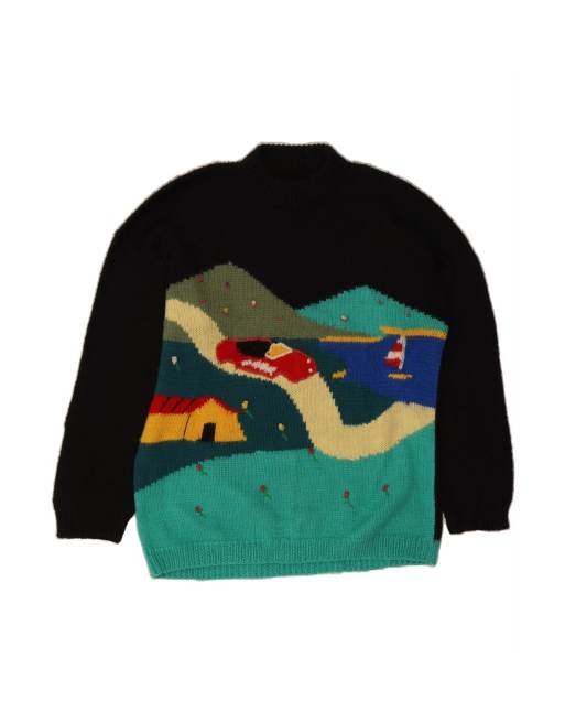 Vintage Turtle Neck Jumper Sweater UK 18 XL In Black Colourblock