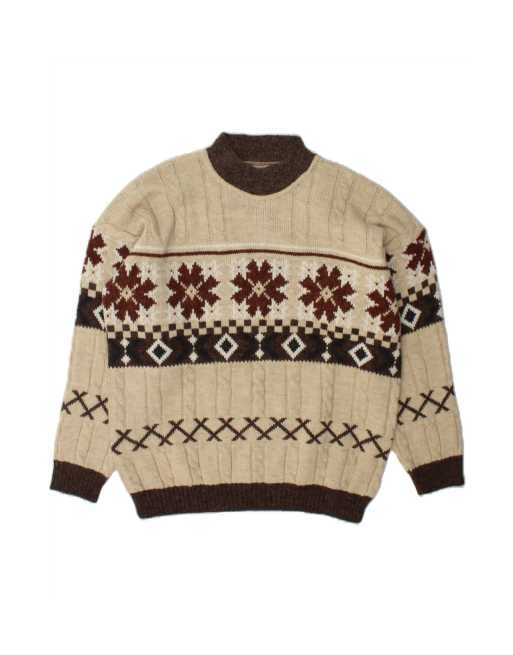 Vintage Turtle Neck Jumper Sweater XL In Beige Fair Isle