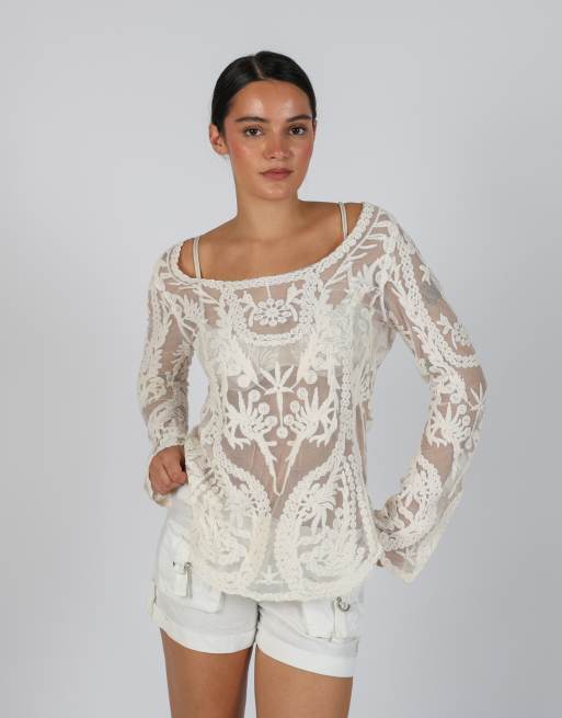 Vintage Unbranded L long sleeve top in cream, 1 of 4