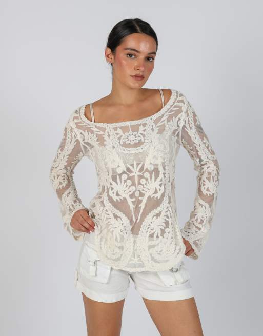 Vintage Unbranded L long sleeve top in cream, 3 of 4