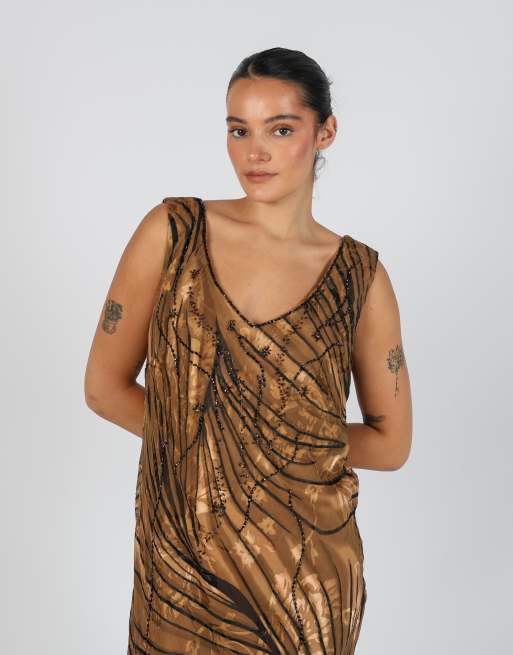 Vintage Unbranded L woven maxi dress in tan, 4 of 4
