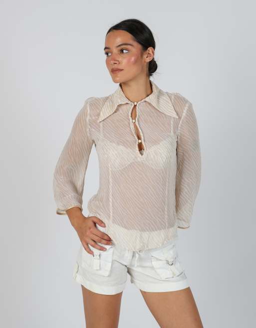 Vintage Unbranded M long sleeve top in beige, 3 of 4