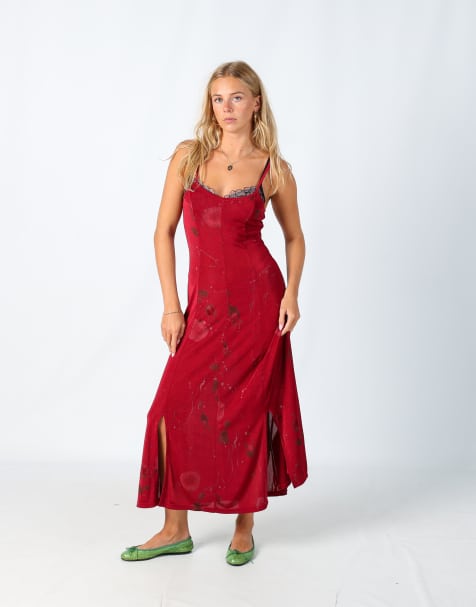 Vintage Unbranded M printed woven maxi dress in burgundy red - view 1