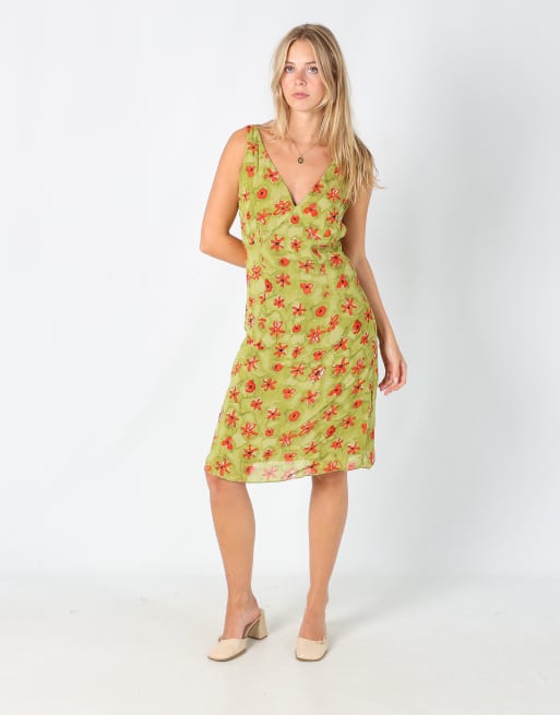 Vintage Unbranded M printed woven midi dress in light green