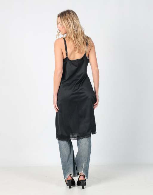 black vintage slip dress Unique Vintage Black Stretch Satin Long Slip M/6-8