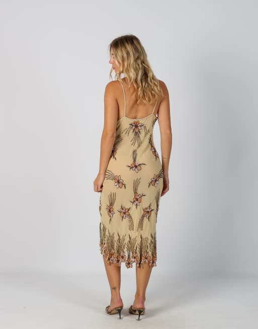 Vintage Unbranded M woven midi dress in beige, 3 of 4