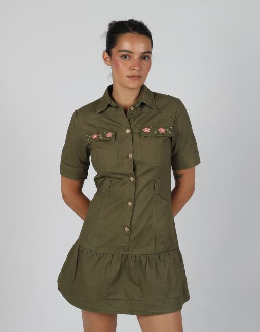 Vintage Unbranded S denim midi dress in khaki green, 2 of 4