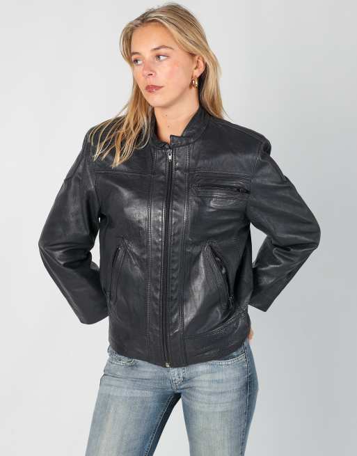 Vintage Unbranded S leather jacket in navy blue