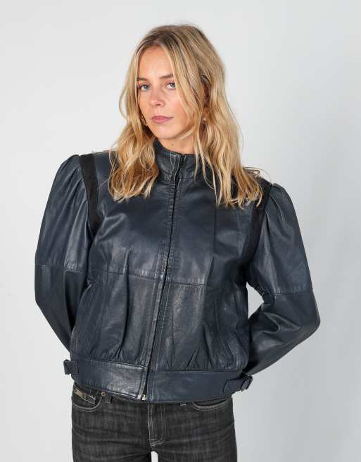 Vintage Unbranded S leather jacket in navy blue