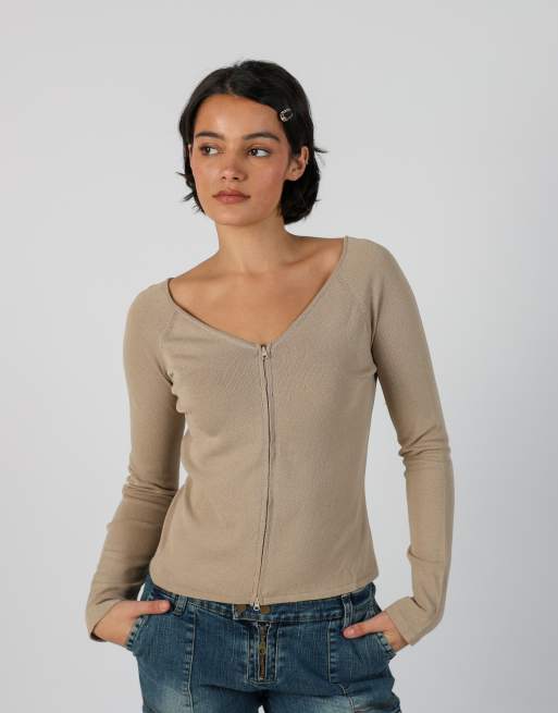 Vintage Unbranded S long sleeve top in beige, 1 of 4