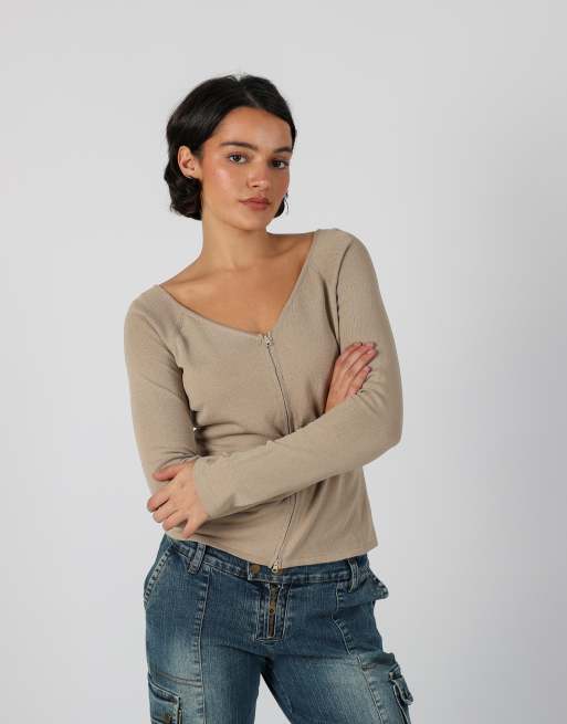 Vintage Unbranded S long sleeve top in beige, 3 of 4