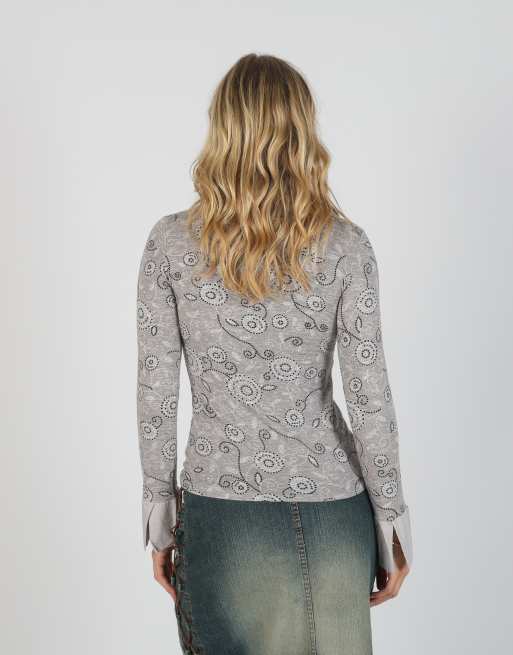 Vintage Unbranded S long sleeve top in light grey, 2 of 4