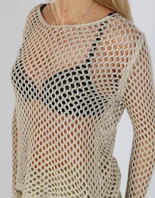 Vintage Unbranded S mesh top in beige, 4 of 4