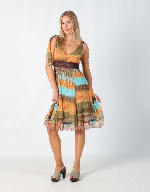 Vintage Unbranded S printed woven midi dress in orange