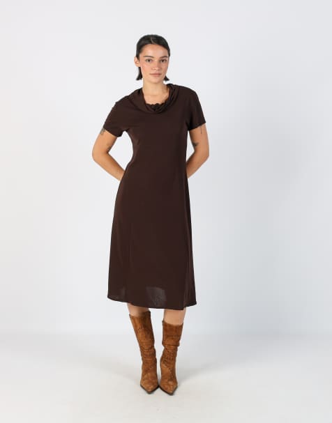 Vintage Unbranded S woven midi dress in brown - view 1