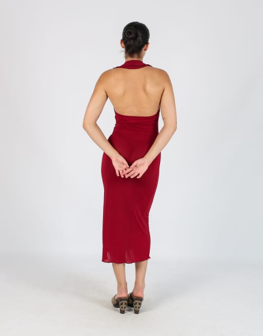 Vintage Unbranded S woven midi dress in burgundy red, 3 of 4