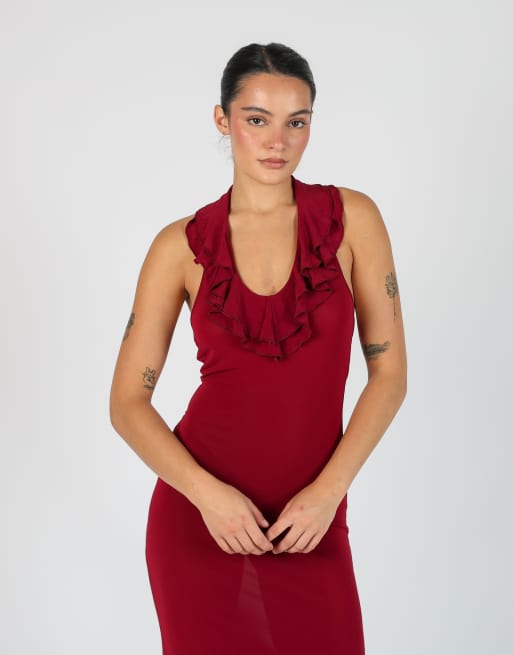 Vintage Unbranded S woven midi dress in burgundy red, 4 of 4