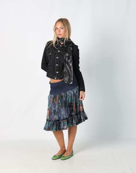 Vintage Unbranded S woven midi skirt in blue - view 1