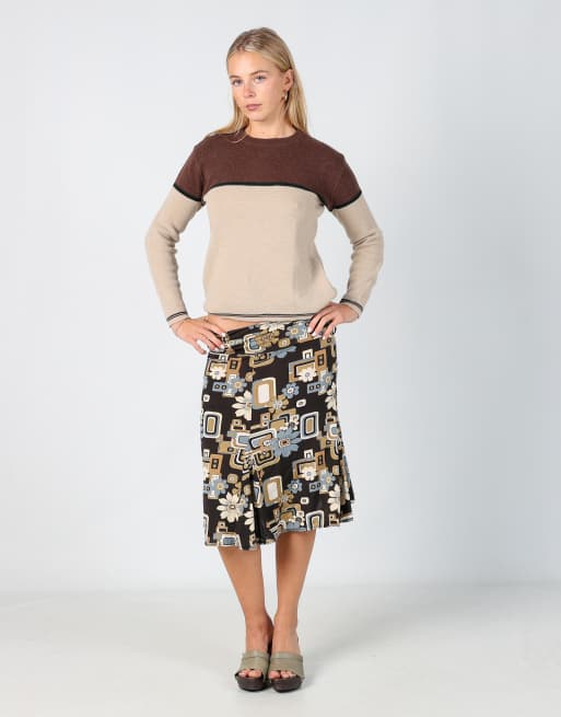 Vintage Unbranded S woven midi skirt in brown