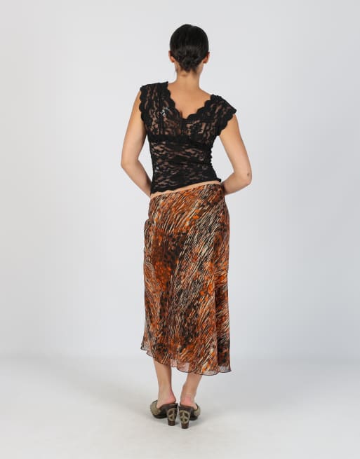 Vintage Unbranded S woven midi skirt in brown, 3 of 4