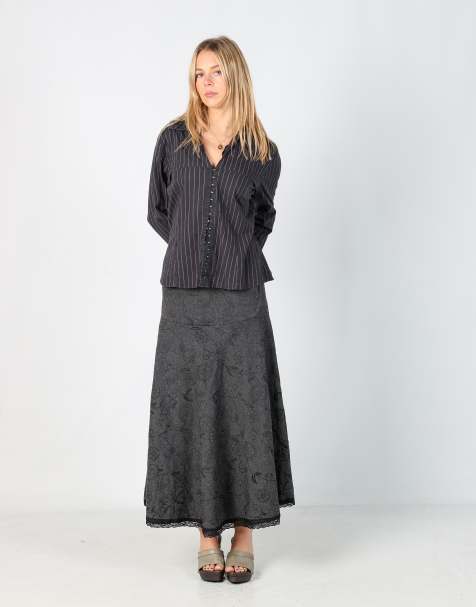 Vintage Unbranded S woven midi skirt in charcoal grey - view 1