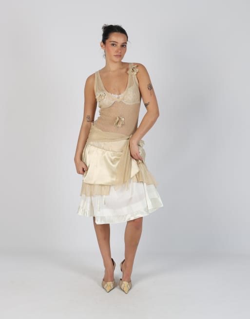Vintage Unbranded S woven midi skirt in cream