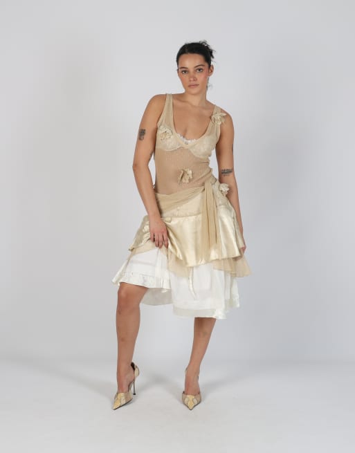 Vintage Unbranded S woven midi skirt in cream, 3 of 4