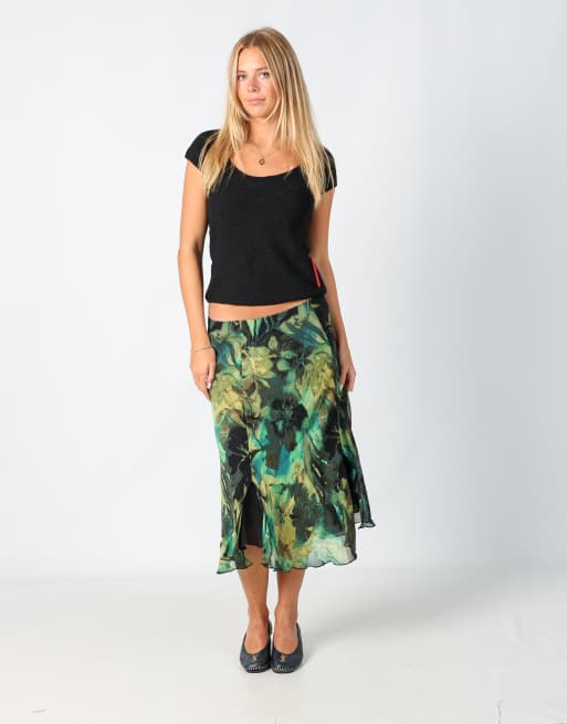 Vintage Unbranded S woven midi skirt in dark green