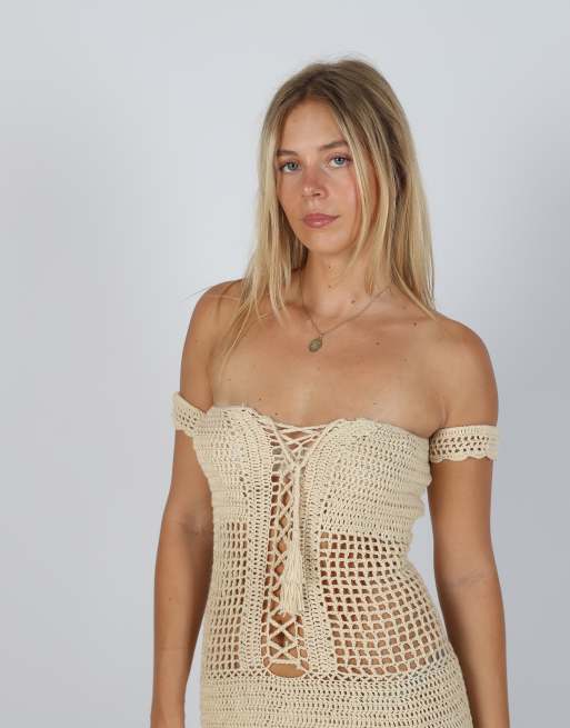 Vintage Unbranded XS knitted mini dress in beige, 2 of 4