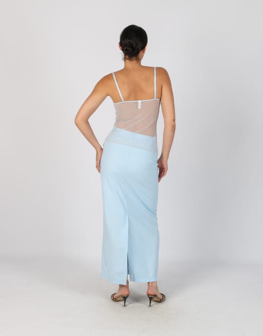 Vintage Unbranded XS woven maxi skirt in light blue, 3 of 4
