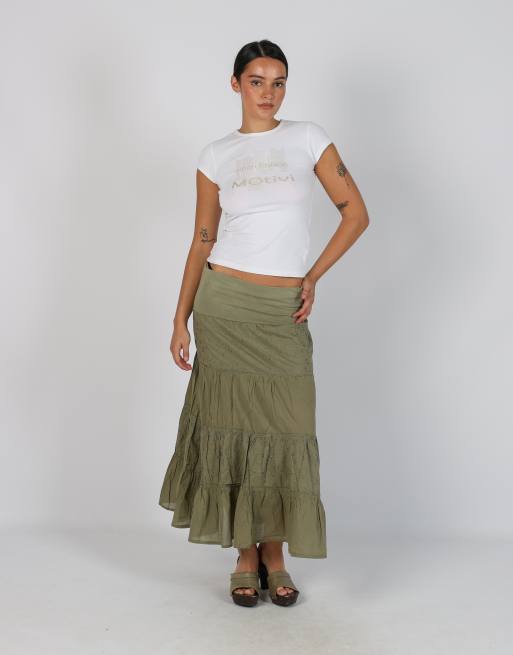 Vintage Unbranded XS woven midi skirt in khaki green, 1 of 4