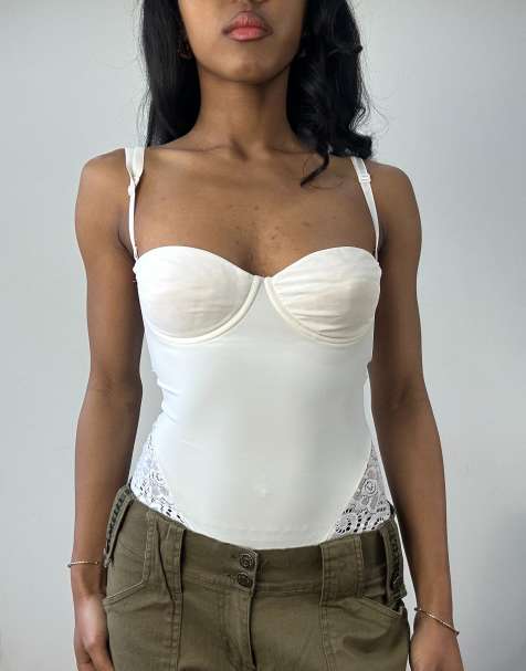 Vintage underwired bodysuit with lace insert in white - view 1
