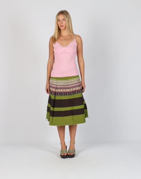 Vintage United Colours of Benetton XS woven midi skirt in light green - view 1
