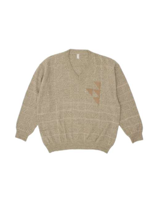 Vintage V-neck Jumper Sweater 2XL In Beige