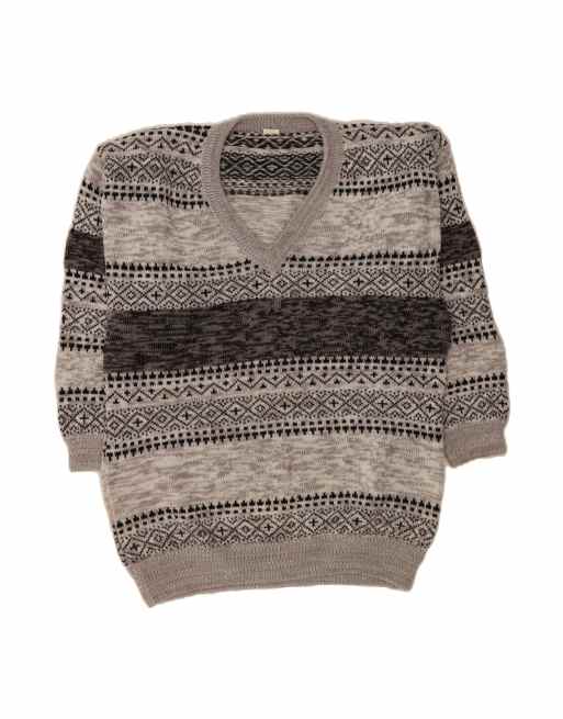 Vintage V-neck Jumper Sweater 2XL In Grey Fair Isle