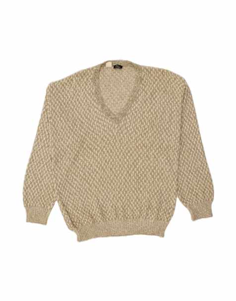 Vintage V-neck Jumper Sweater EU 52/54 XL In Beige Geometric - view 1